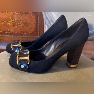 Tory Burch Laura Flannel Leather Pumps 6.5 Dark Brown